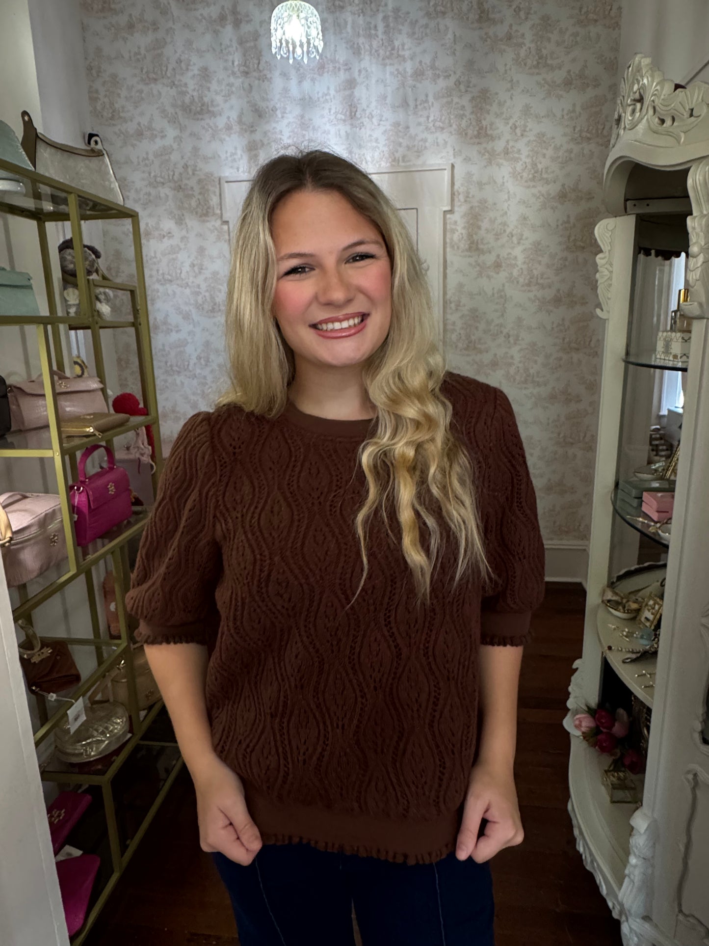 Meggi Brown Ruffle Cable Knit Top