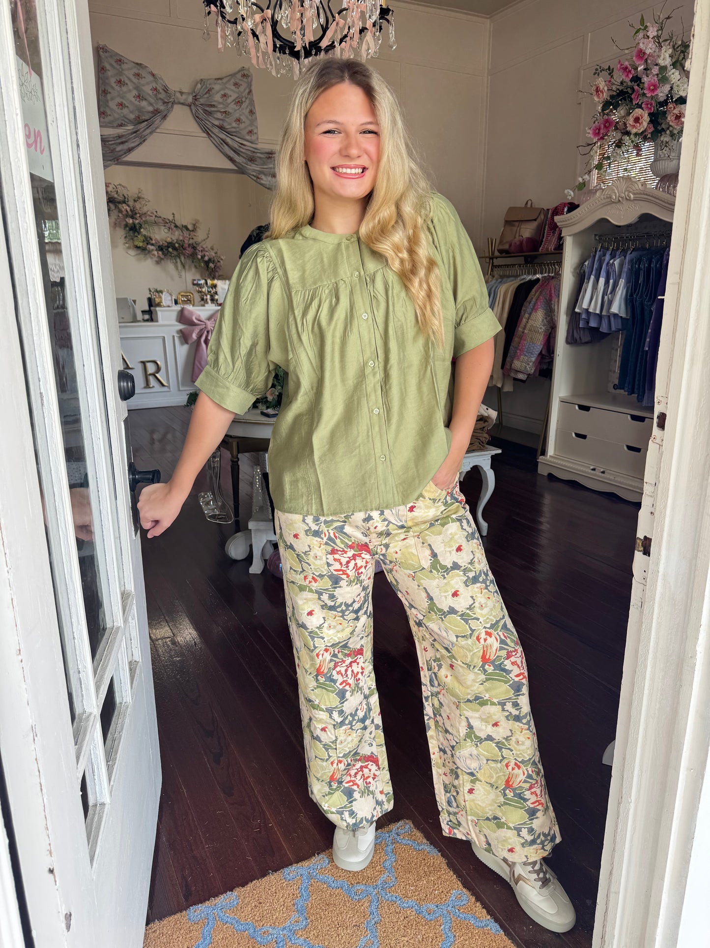 Fun Times Olive Floral Jeans