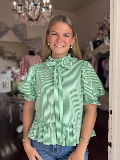Maria Green Striped Ruffle Top
