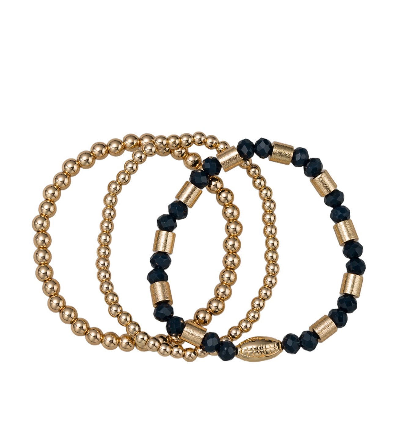 Set of 3 Navy & Gold Beaded Stretch Bracelet with Gold Football
