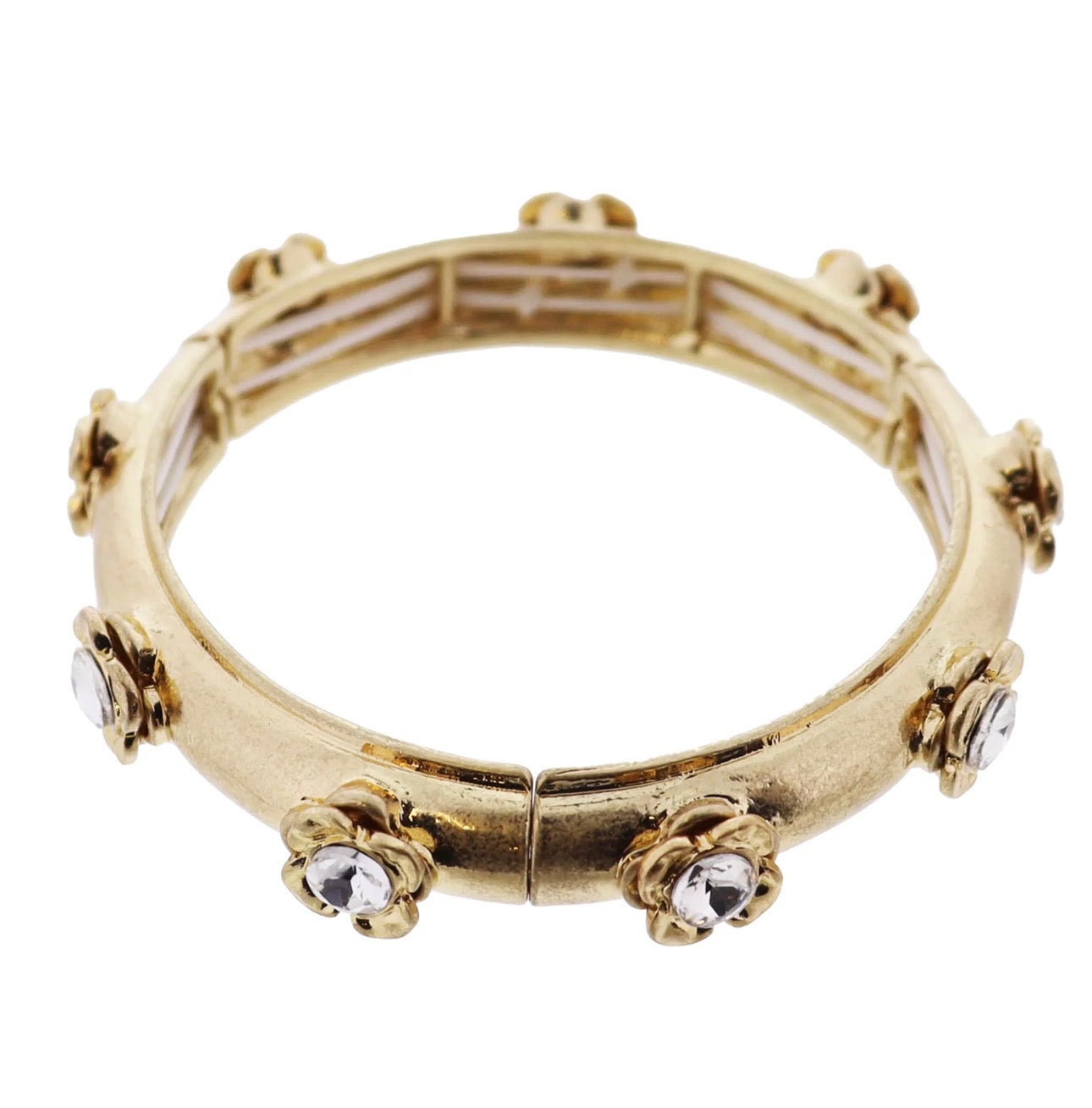 Gold Flower with Crystal Center Artisan Stretch Bangle Bracelet