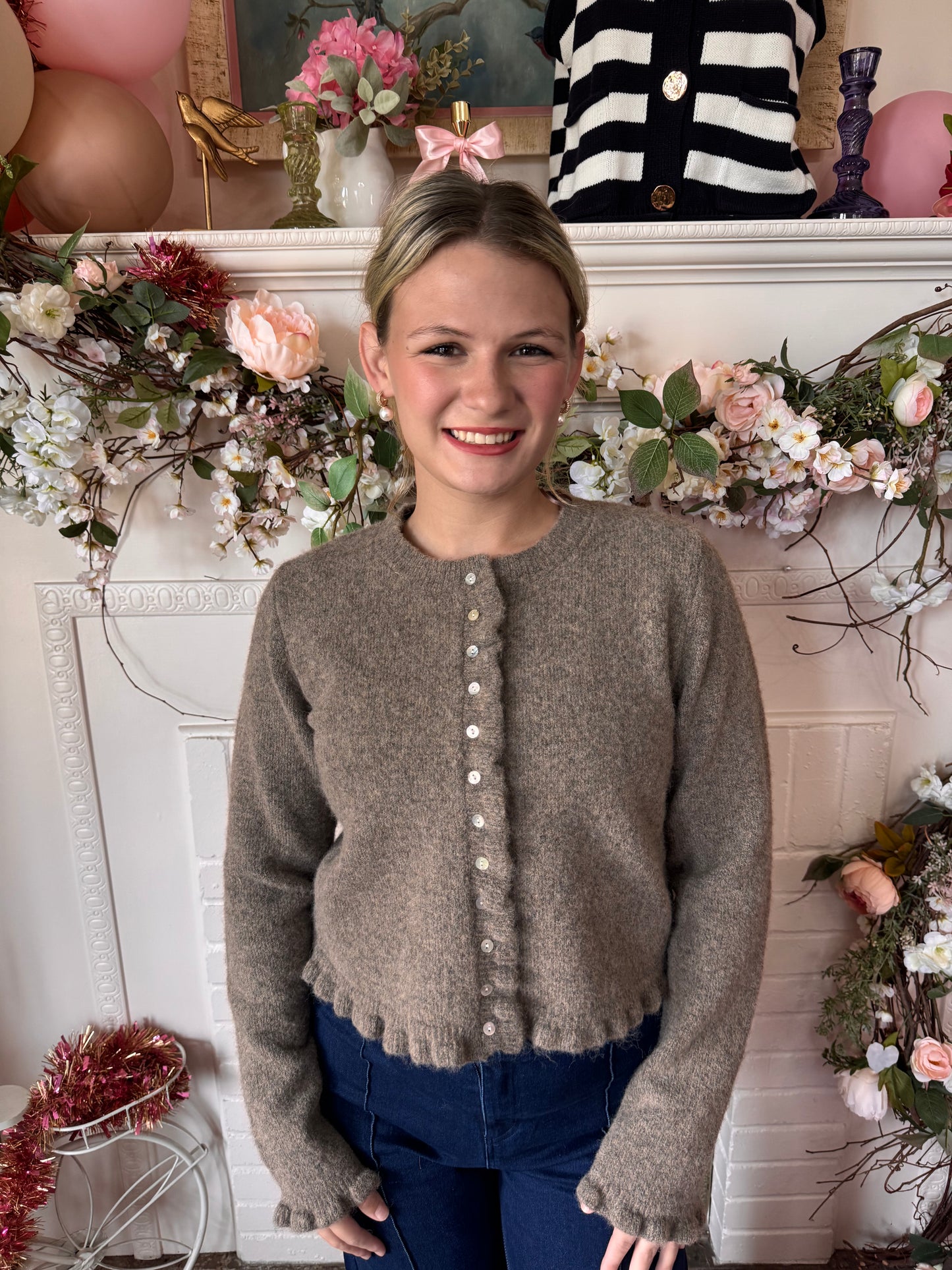 Meg Mocha Ruffled Cardigan