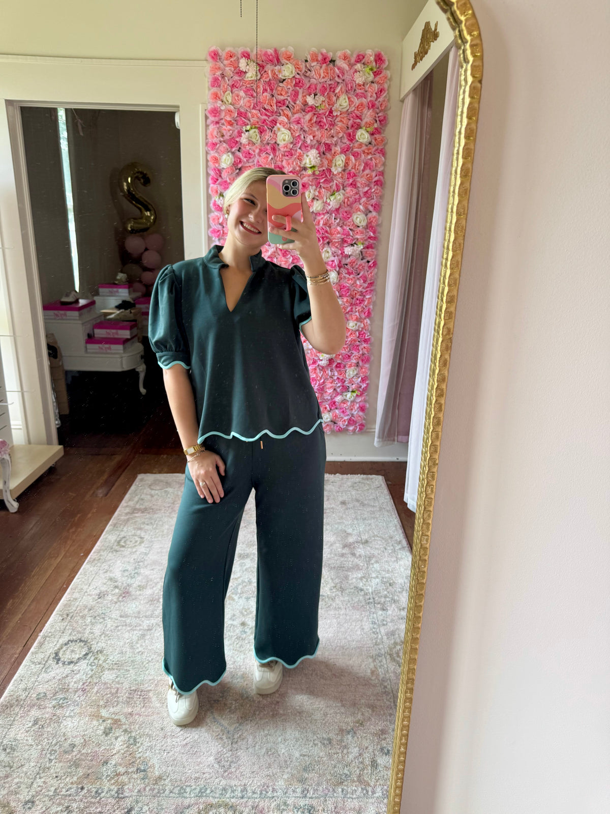 Scalloped Green/Teal Pants Set