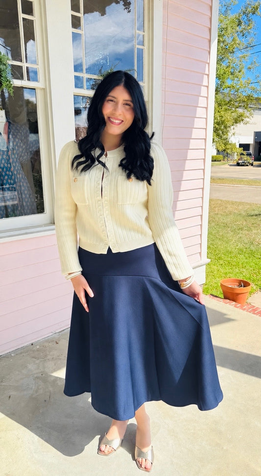 Navy Satin Geometrical Midi Skirt