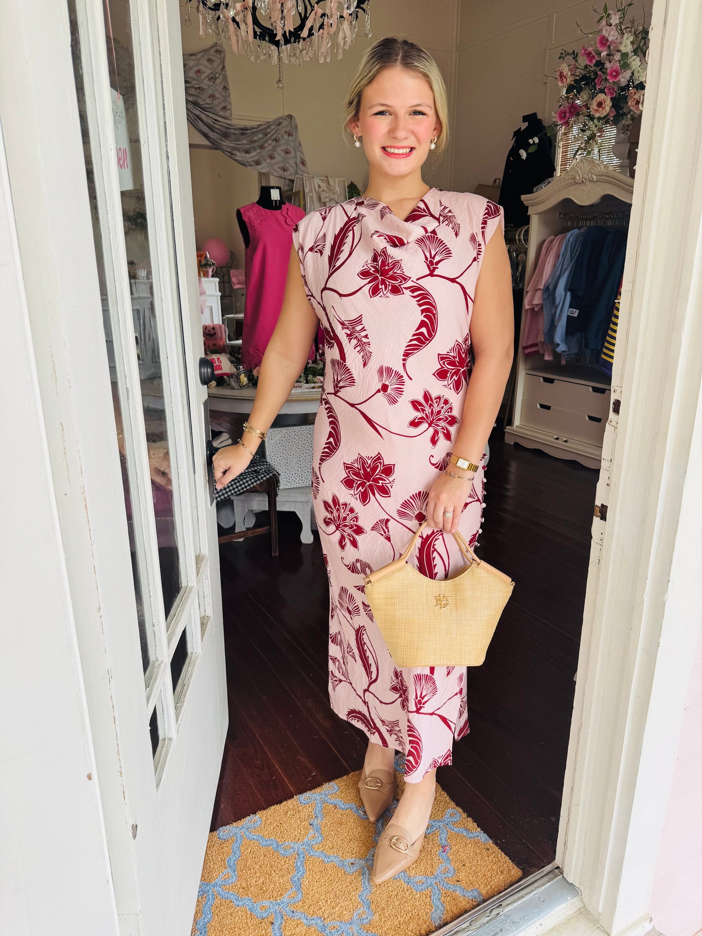 Look At Me Cowl Neck Midi Dress - Pink/Burgundy