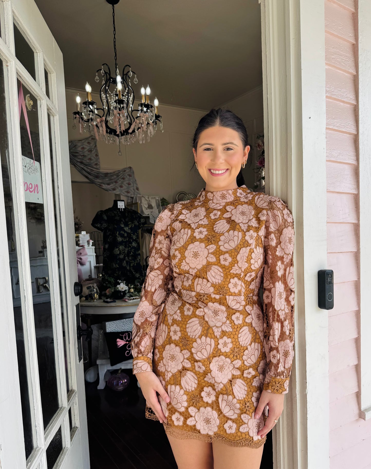All Favorite Peach/Bronze Lace Mini Dress