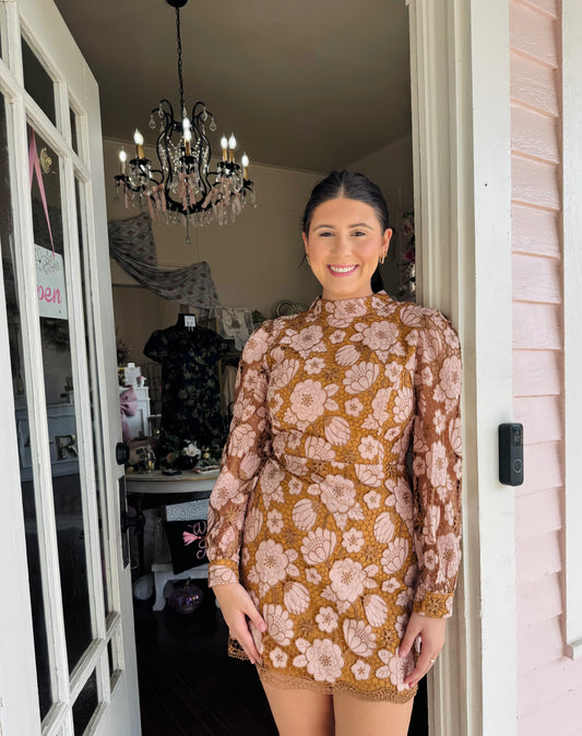All Favorite Peach/Bronze Lace Mini Dress