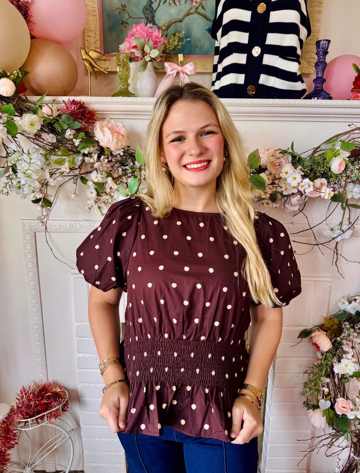 Laura Brown Polka Dot Scrunch Top