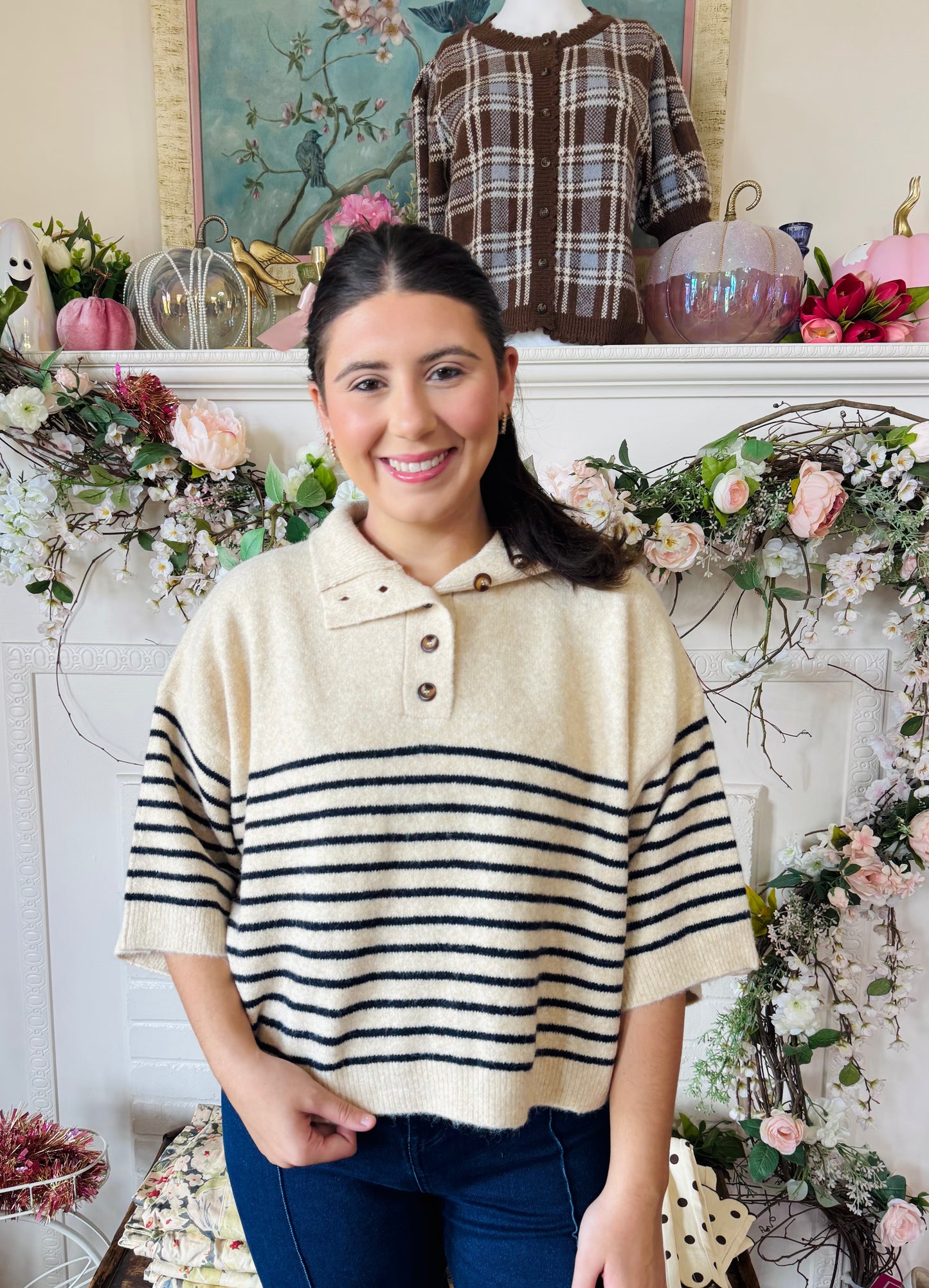Knitted Stripe Ecru Sweater Top