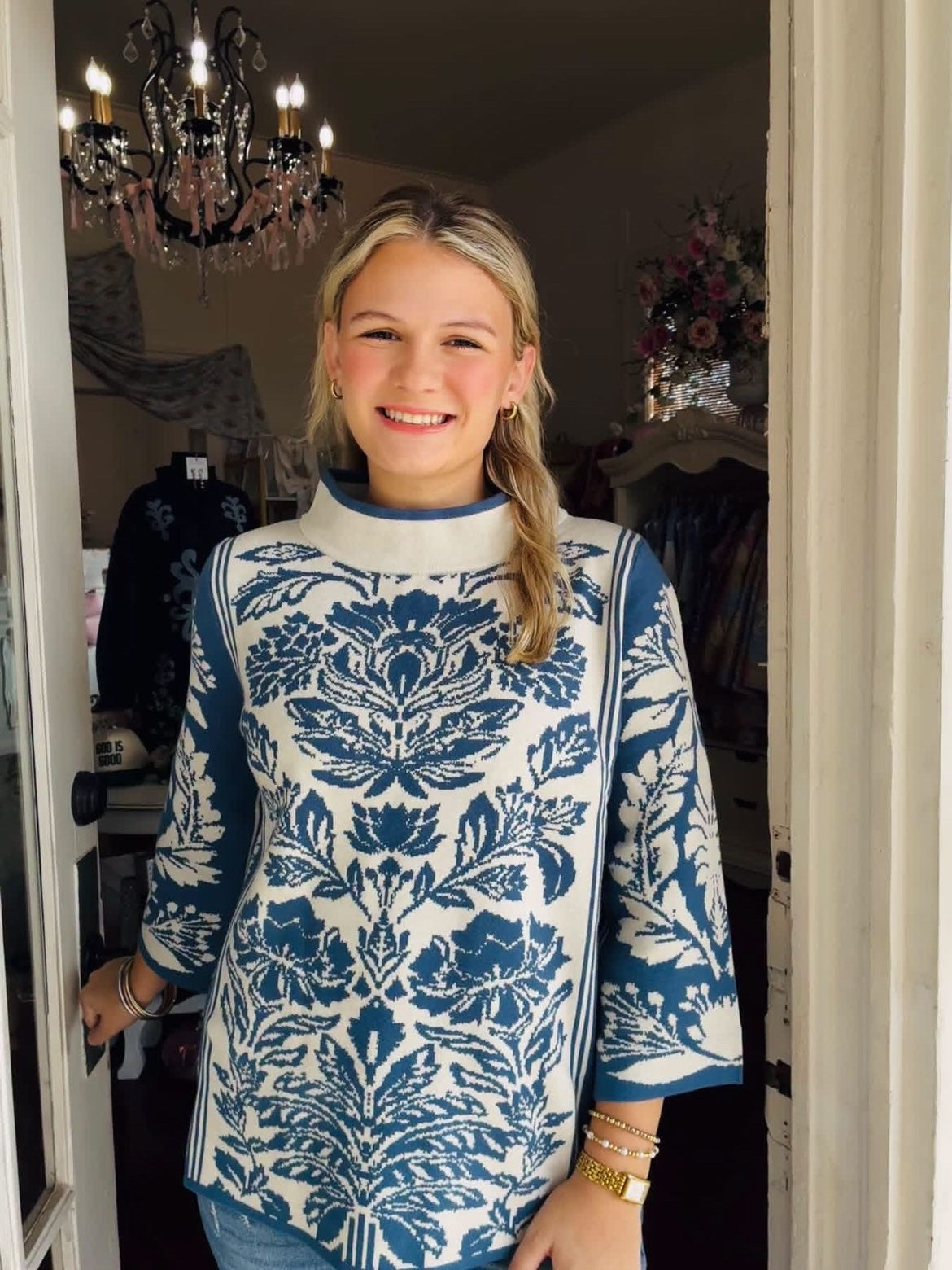 Botanical Mock Neck Sweater Blue/White
