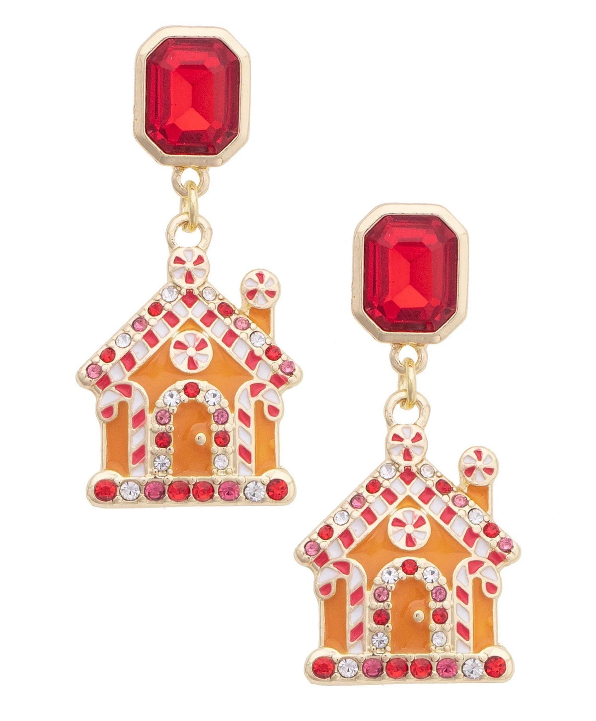 Rhinestone Gingerbread House Earrings in Red