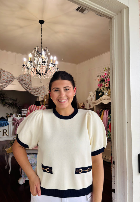 Luna Cream/Navy Horsebit Top