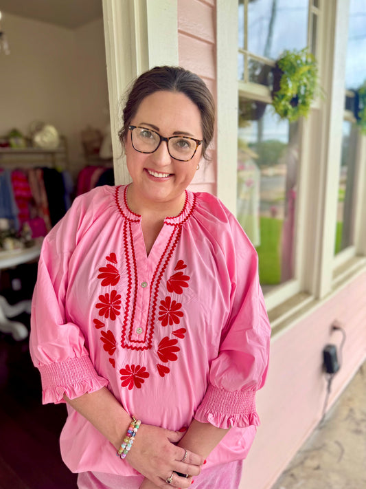 Pink/Red Embroidered Top Curvy