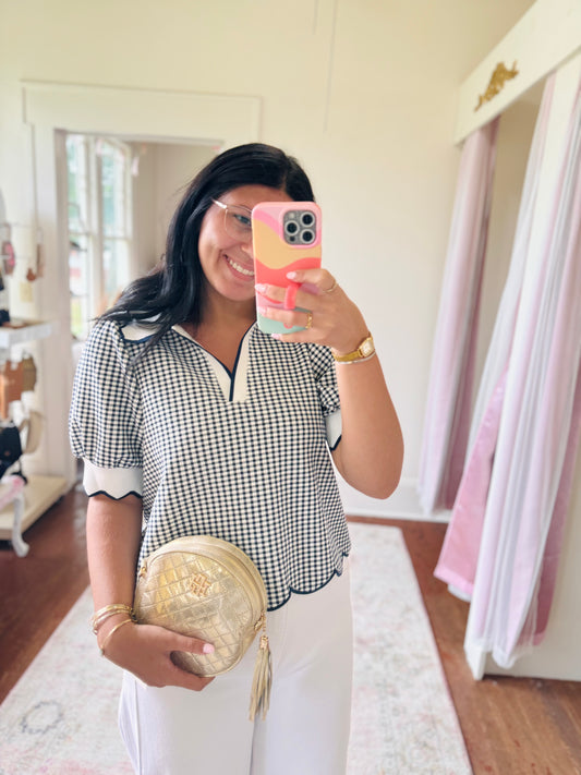 Lela Navy Gingham Scalloped Top