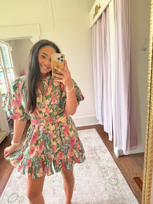 Kenzie Green Floral Dress W/ Belt