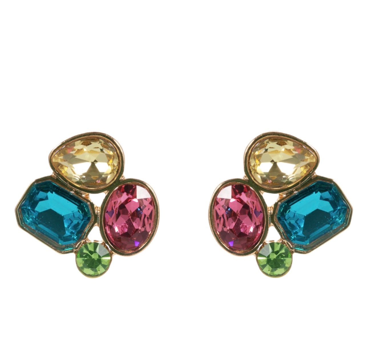Gold Yellow, Blue, Pink, Green Crystal Cluster Earring