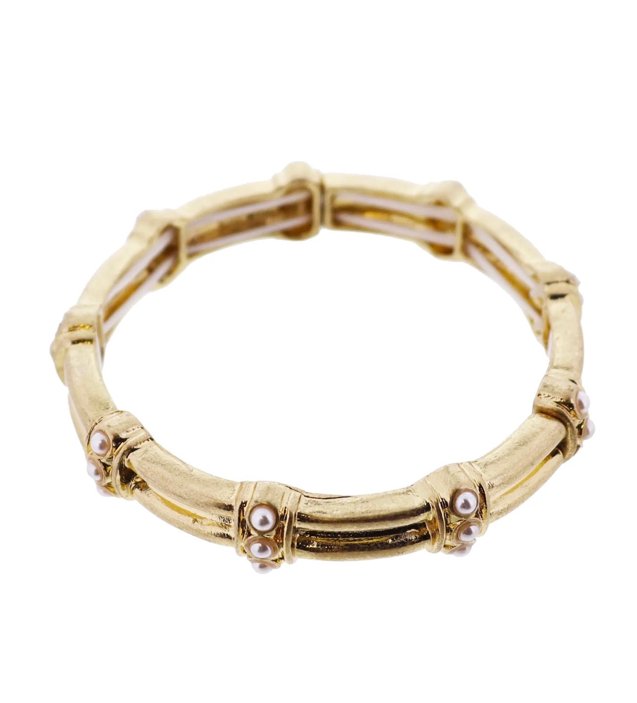 Gold Pearl Bar Accent Artisan Stretch Bangle Bracelet