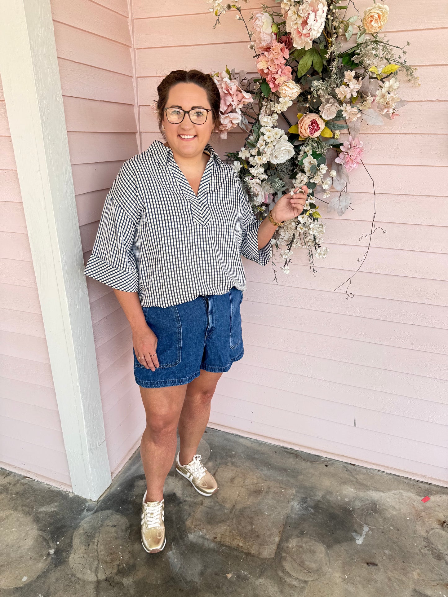 Navy Gingham Curvy Top