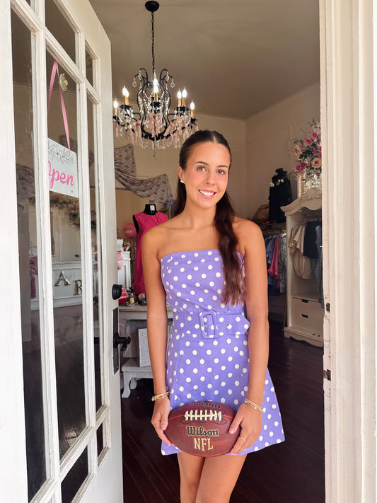 Lavender Polka Dot Denim Mini Dress W/ Belt