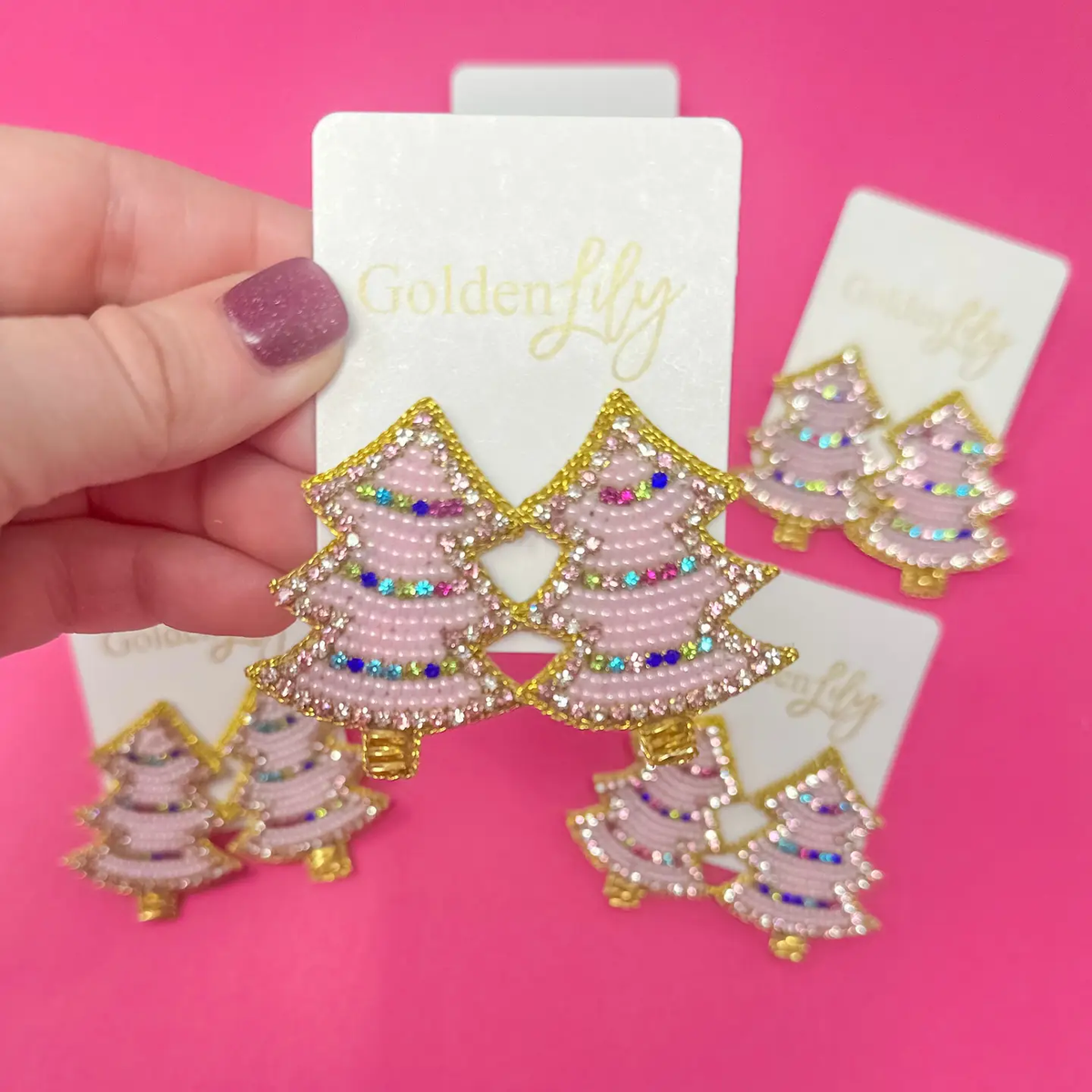 Christmas Tree Sparkle Stud Earrings - Pink